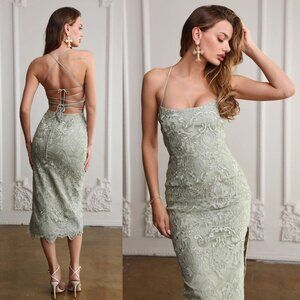 V. Chapman Olivia Midi‎ Dress Green Sage Lace Open Back Scalloped Size 4